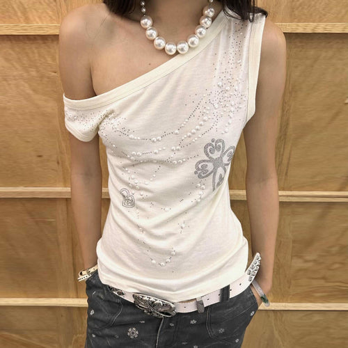 Damen asymmetrisches Tanktop mit stylischem Druck und verzierten Applikationen Drune