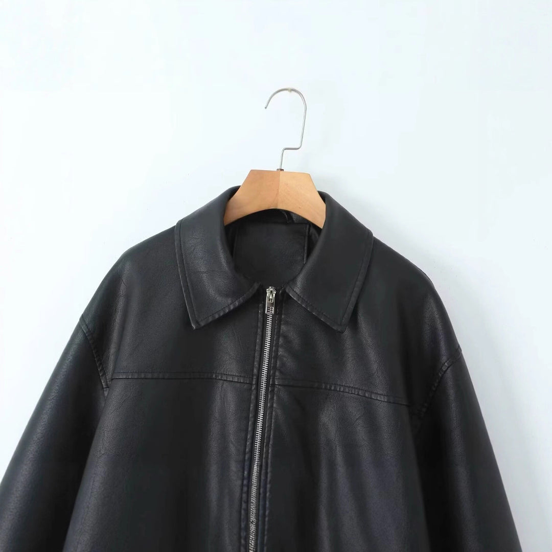 Damen lässige Lederjacke mit elastischem Saum und praktischen Taschen Drune