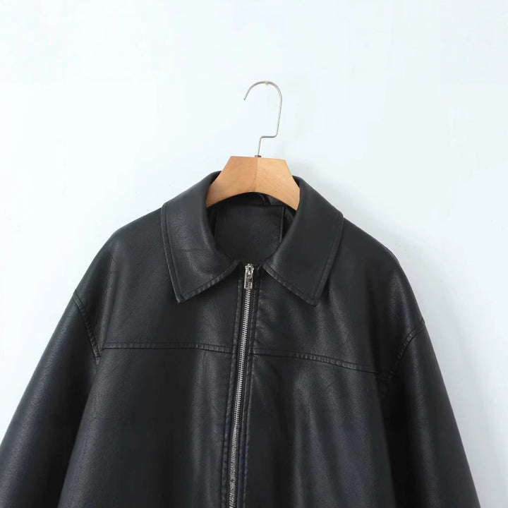 Damen lässige Lederjacke mit elastischem Saum und praktischen Taschen Drune