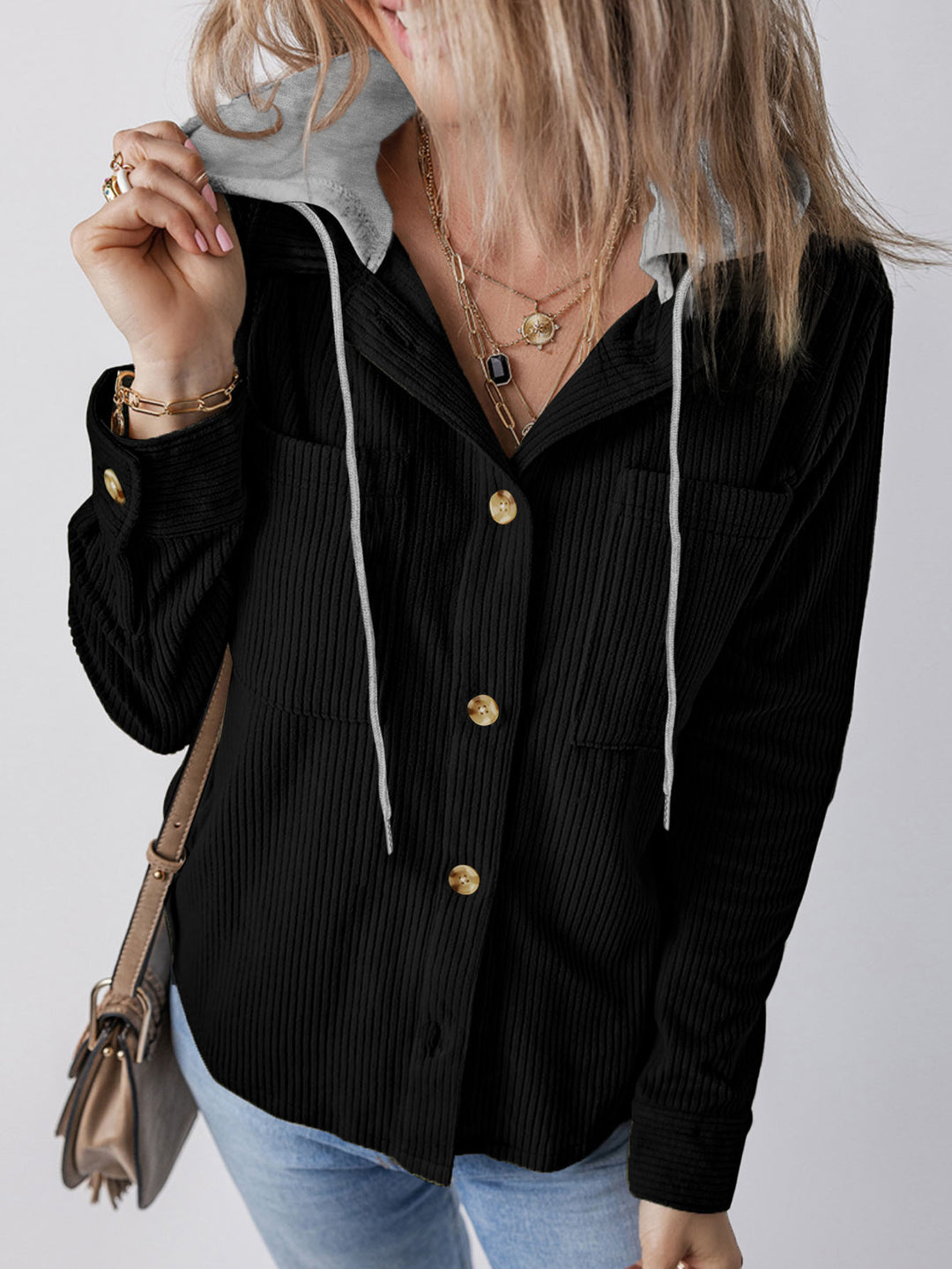 Damen Lässige Longjacke mit Kapuze und Knopfdetails Drune