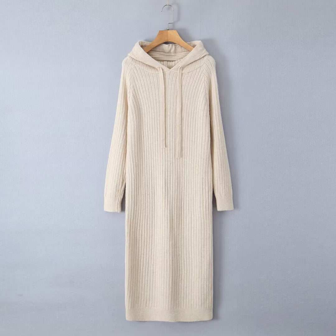 Damen Strickhoodiekleid mit Kapuze und Rippenmuster Drune