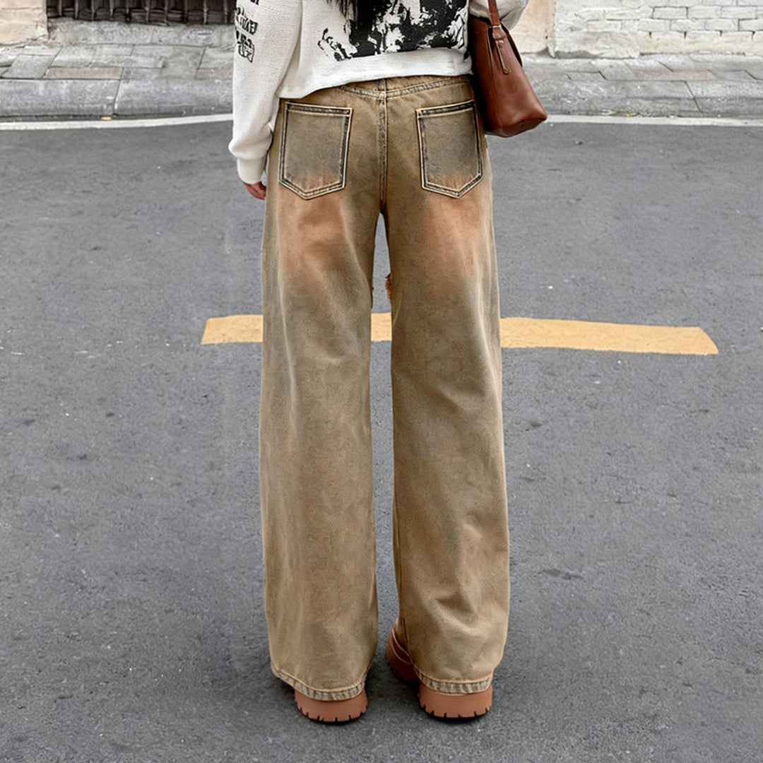 Damen nan hochgeschnittene Wide‑Leg Jeans mit offenen Saumnähten, diagonalem Fransenbesatz und Relaxed Fit Drune