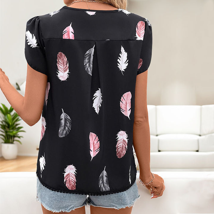 Damen Oberteil mit floralem Blattmuster und dekorativen Knopfdetails Drune