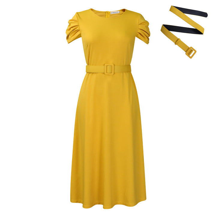 Damen Midi-Kleid mit elegantem Gummizug und schmalem Gürtel Drune