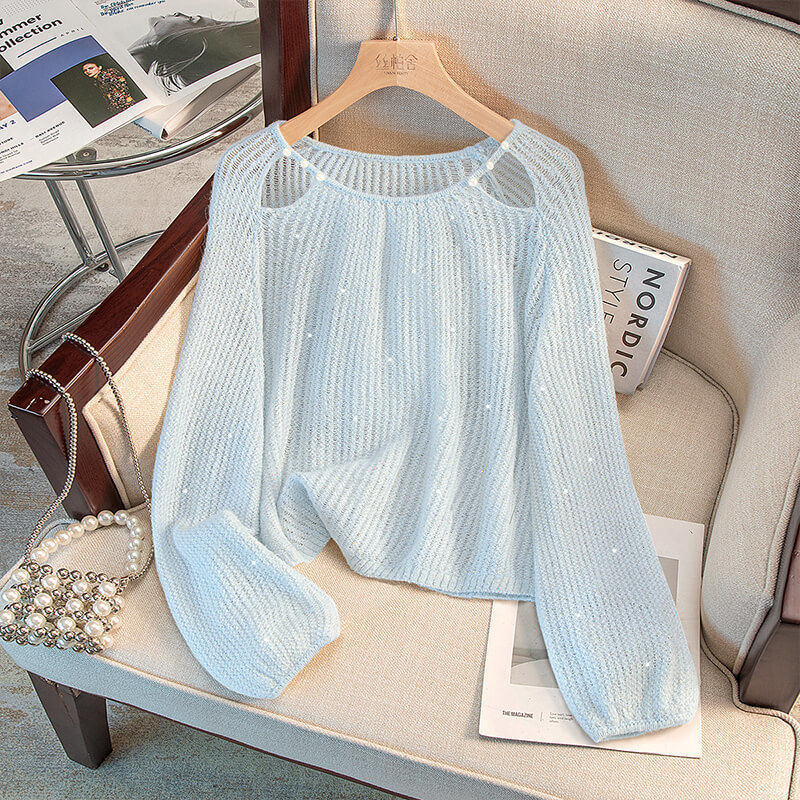 Damen lässiger Pullover mit Off-Shoulder Design und funkelnden Details Drune