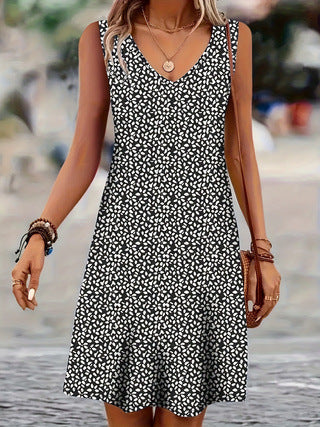 Damen ärmelloses Sommerkleid mit V-Ausschnitt und Knopfleiste Drune