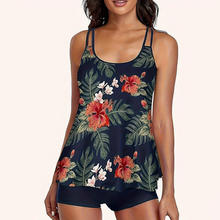 Damen Sportlicher Tankini mit floralem Design und integrierten Shorts Drune