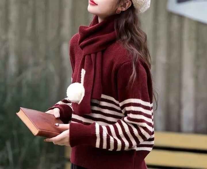 Damen gemütlicher Strickpullover mit hohem Kragen und auffälligen Streifen Drune