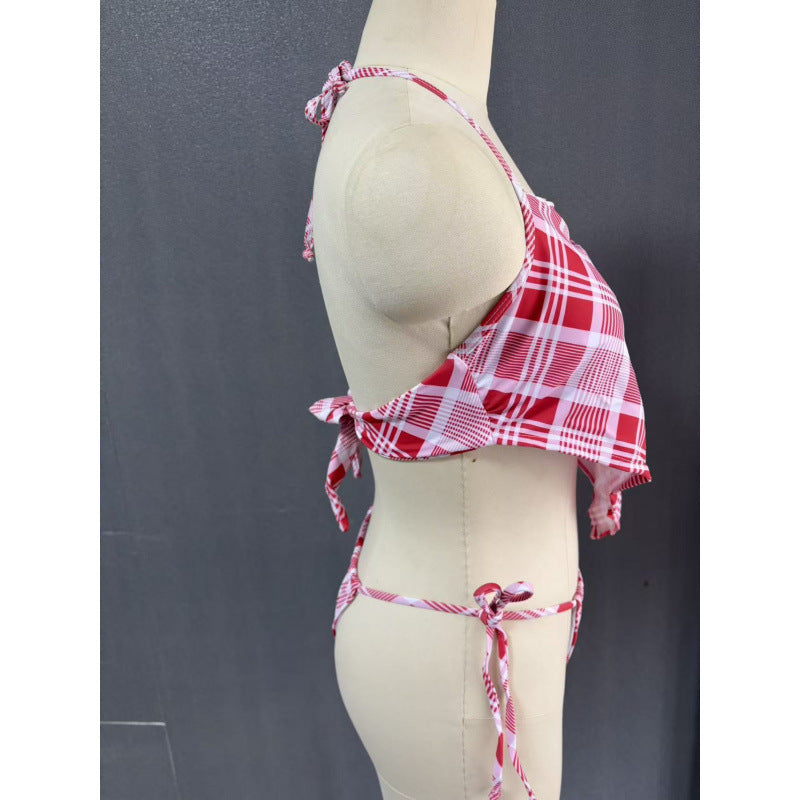 Damen Crop-Top Bikini mit asymmetrischem Schnitt und modischem Karomuster Drune