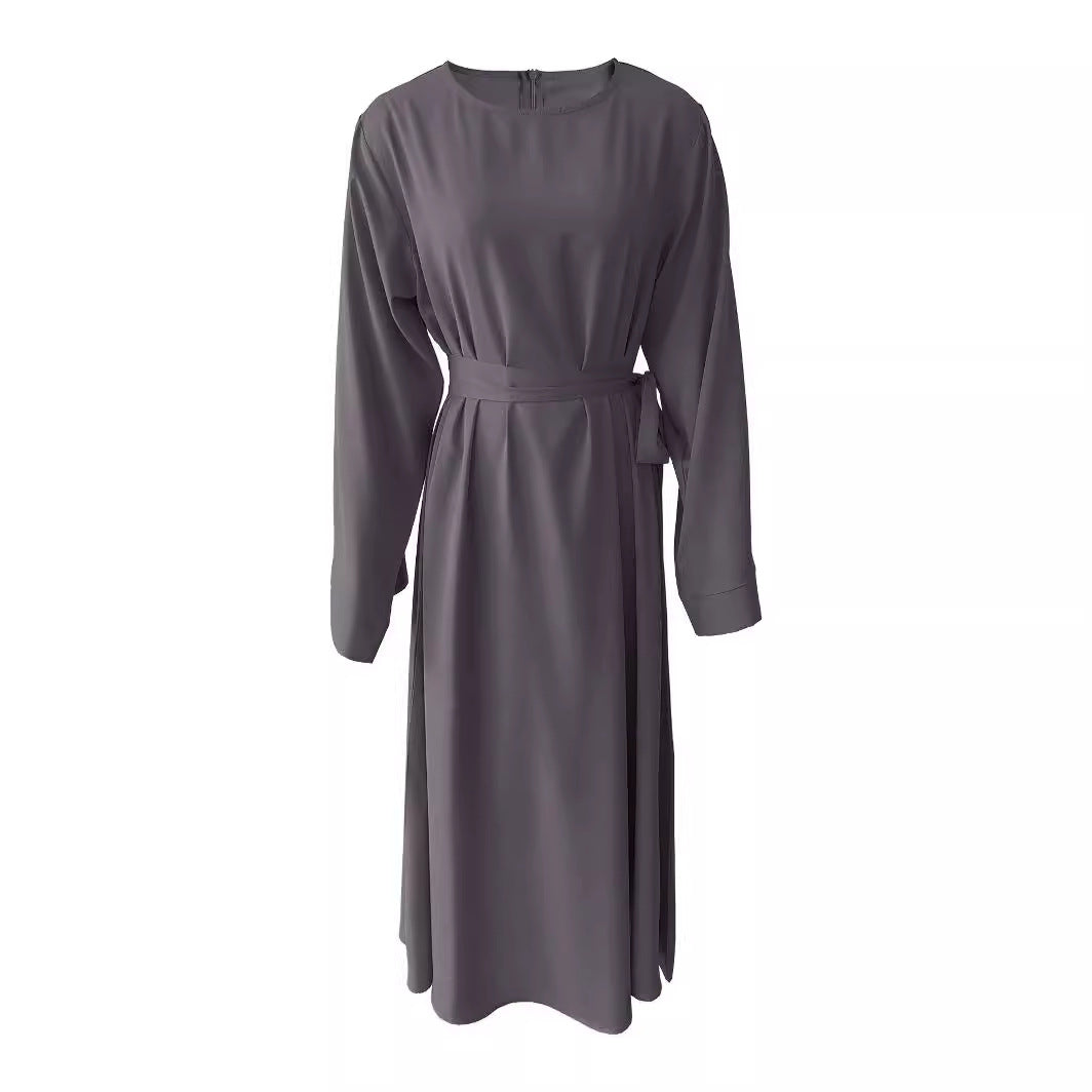 Damen Midi-Kleid mit elegantem Taillengürtel und langen Ärmeln Drune