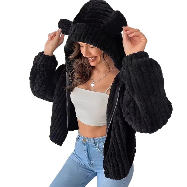 Damen Plüschjacke mit hohem Kragen und seitlichen Taschen Drune