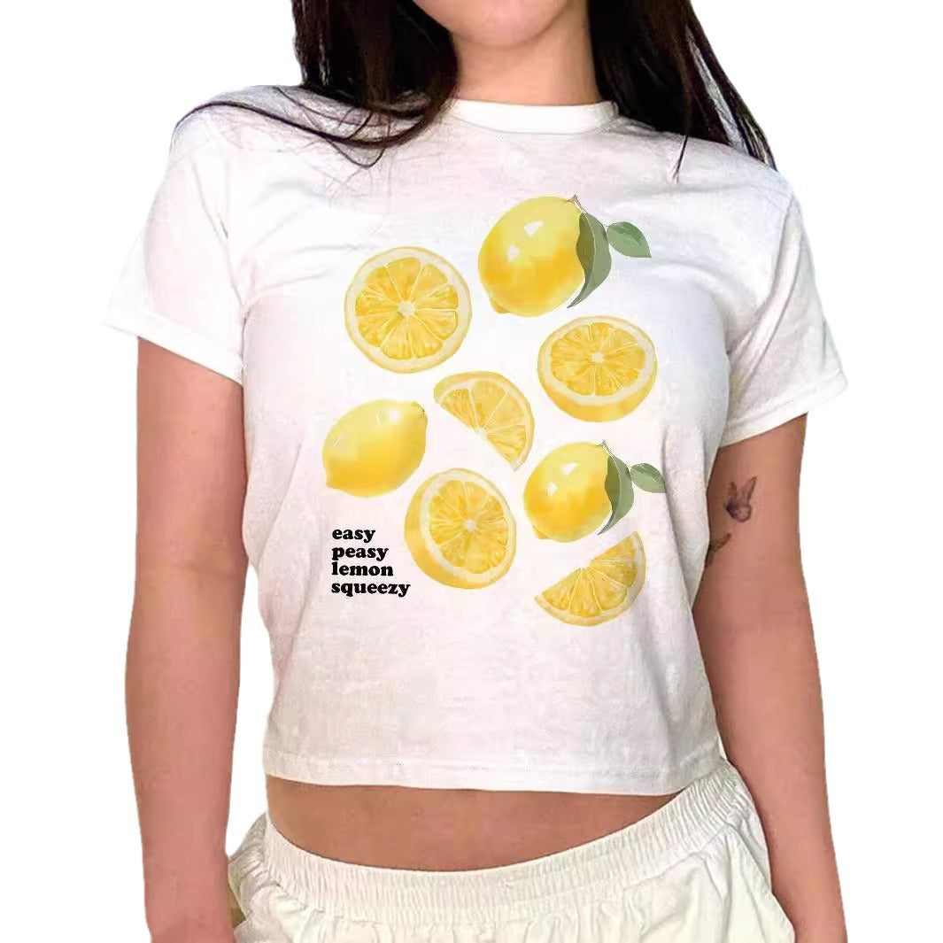 Damen Crop-T-Shirt mit kreativem Cocktail-Design Drune