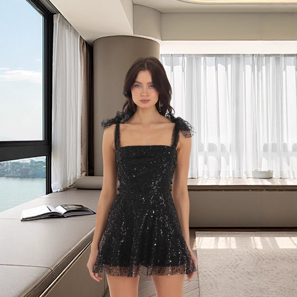 Damen Glitzerndes Minikleid mit dekorativen Trägern und funkelnden Details Drune