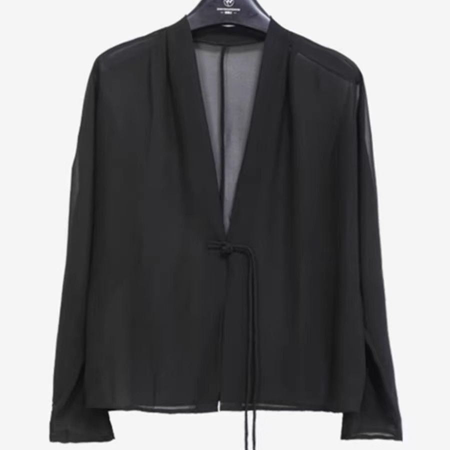 Damen transparente Bluse mit romantischem Bindegürtel Drune