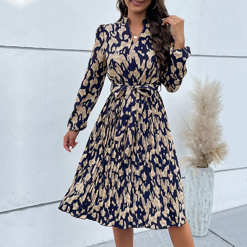 Damen elegantes Maxikleid mit Gürtel und raffiniertem Muster Drune