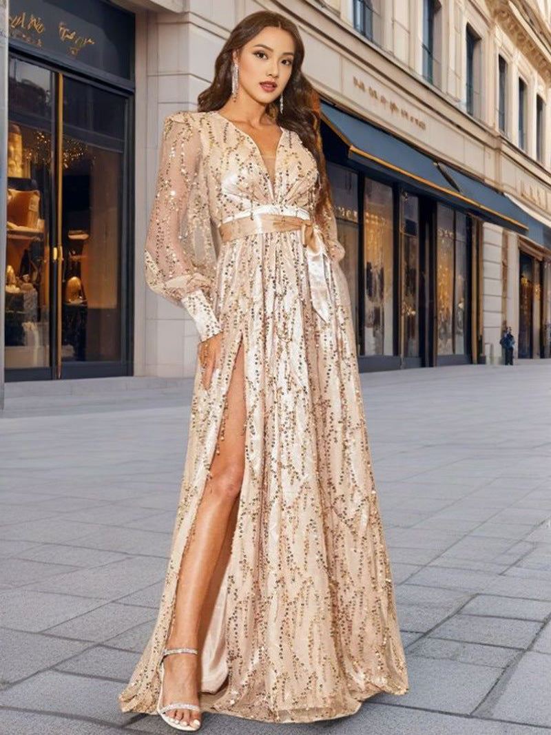 Damen Glitzerndes Abendkleid mit hochgeschlossenem V-Ausschnitt und seitlichem Schlitz Drune