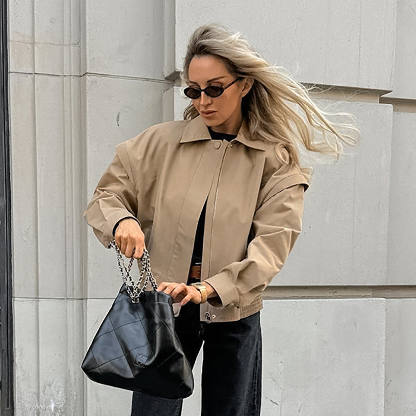 Damen Kurze Utility-Jacke mit voluminösen Ärmeln und praktischen Taschen Drune