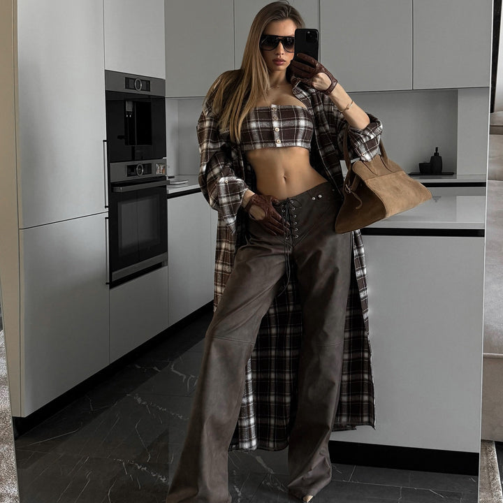 Damen Langes Karo-Hemdkleid mit abnehmbaren Ärmeln Drune