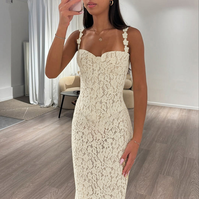 Damen Elegantes Spitzen-Spaghettiträgerkleid mit femininer Silhouette Drune