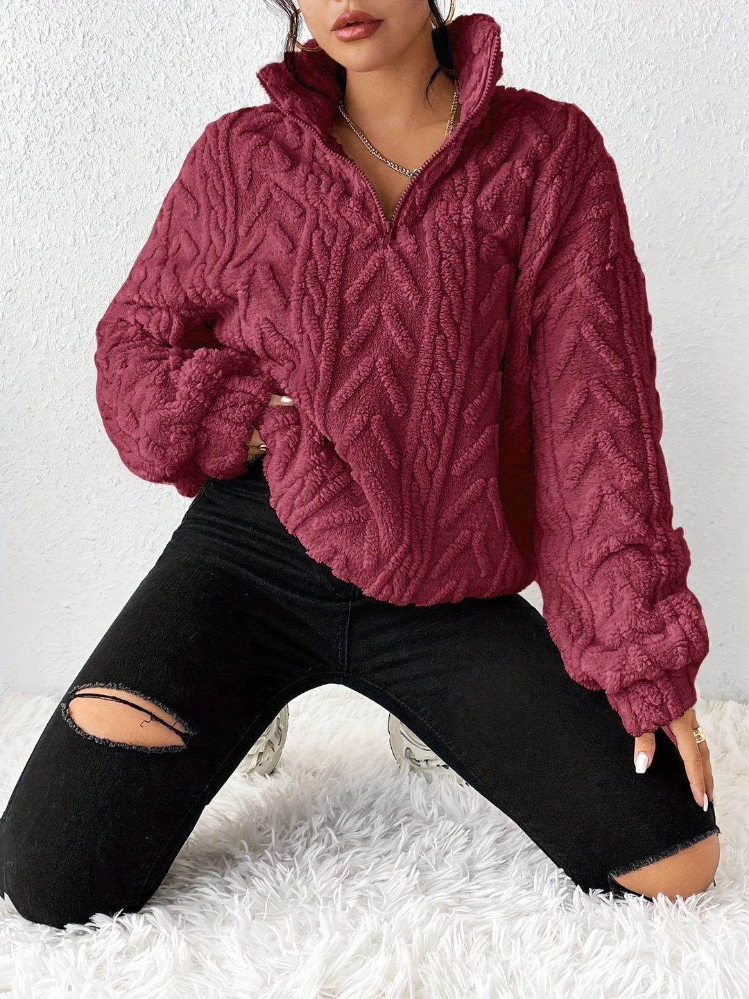 Damen Fleece Pullover mit hohem Kragen und strukturiertem Design Drune
