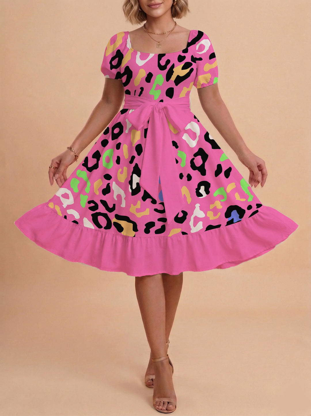 Damen Sommerliches Blumenkleid mit taillierbarem Gürtel und voluminösen Ärmeln Drune