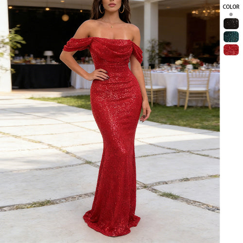 Damen Glitzerndes Abendkleid mit schulterfreiem Design und figurbetontem Schnitt Drune