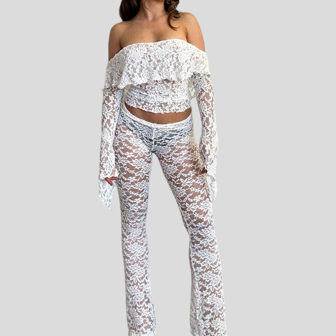 Damen Spitzen-Crop-Top mit weitem Ärmel und passenden Hose Drune