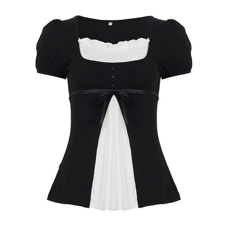 Damen elegantes Oberteil mit Puffärmeln und verspielten Schleifen Drune