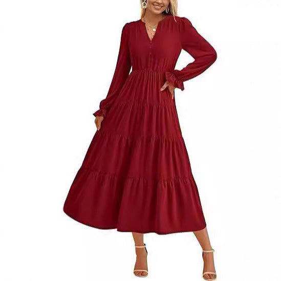 Damen Langärmliges Maxi-Kleid mit Volants Drune