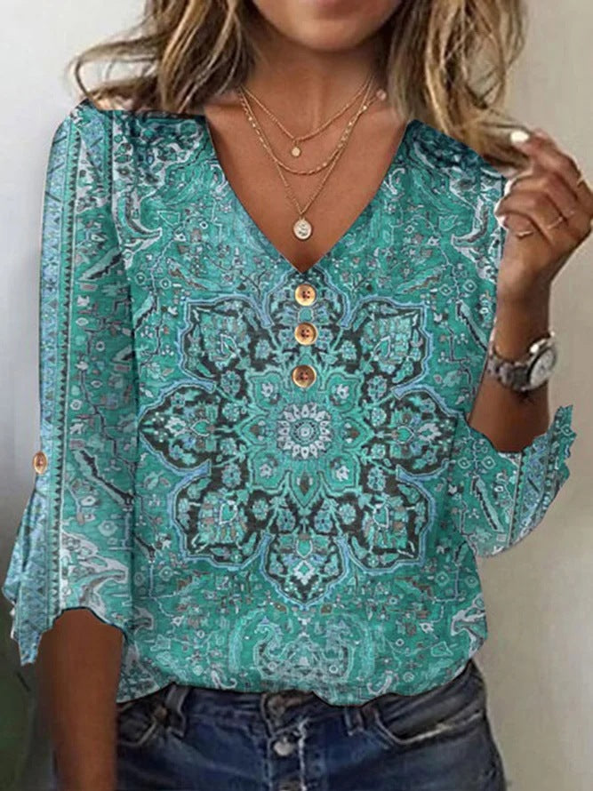 Damen Bohemian bedruckte V-Ausschnitt Bluse mit Knopfdetails Drune