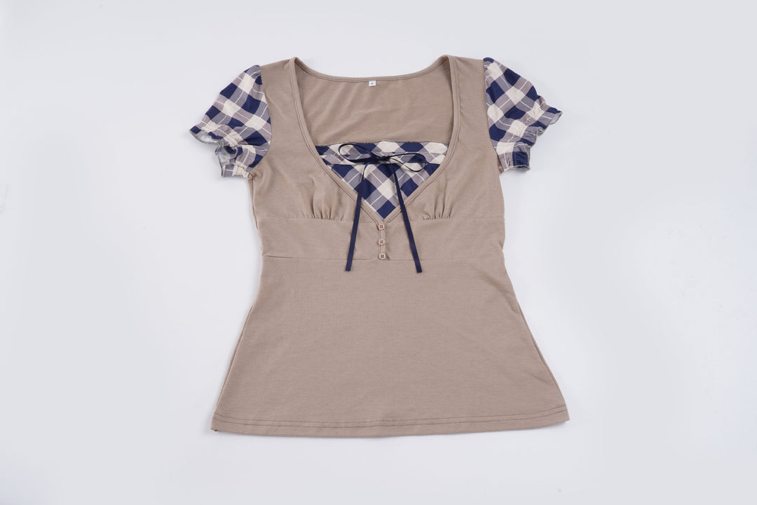 Damen modisches Oberteil mit asymmetrischem Karomuster und eleganten Rüschendetails Drune