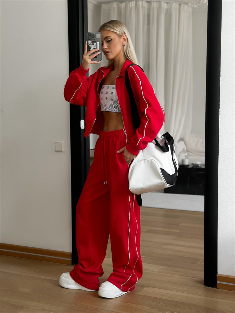 Damen nan kurzes Reißverschluss-Hoodie und hohe Taillen-Jogginghose Set mit dekorativer Seitenpaspel Drune