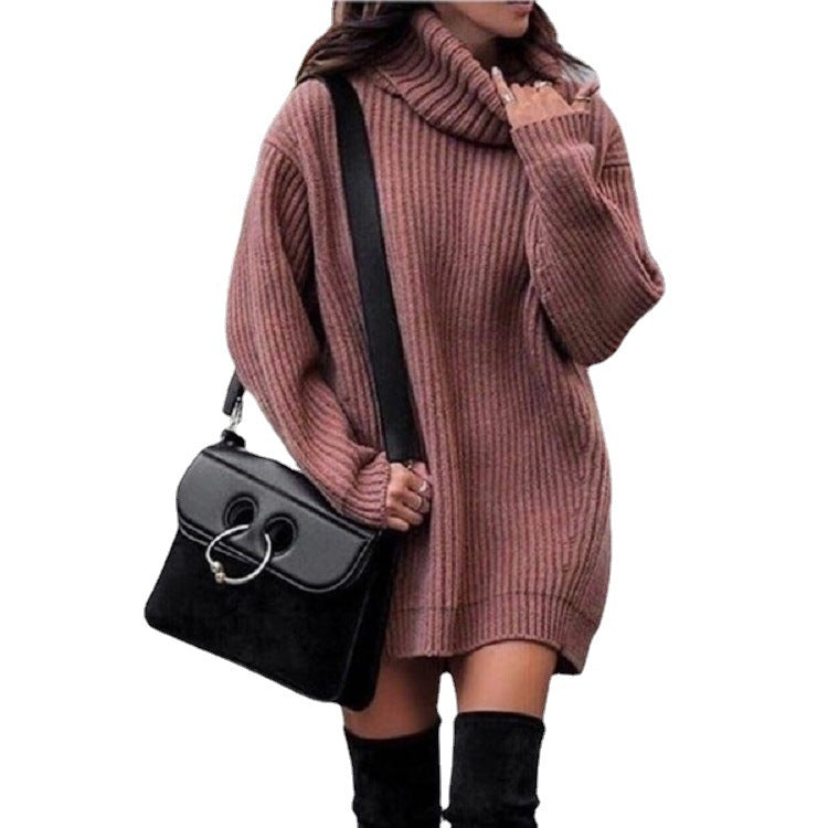 Damen Strickkleid mit hohem Kragen und Rippenstruktur Drune