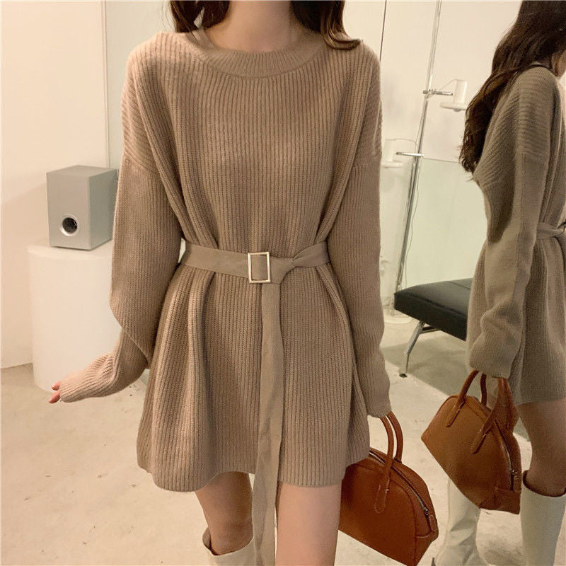 Damen Strickkleid mit Taillengürtel und feiner Ribstruktur Drune