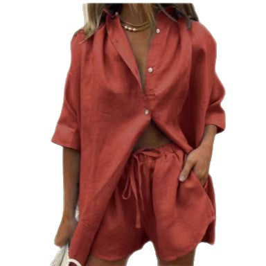 Damen luftige Leinenbluse mit Shorts Drune