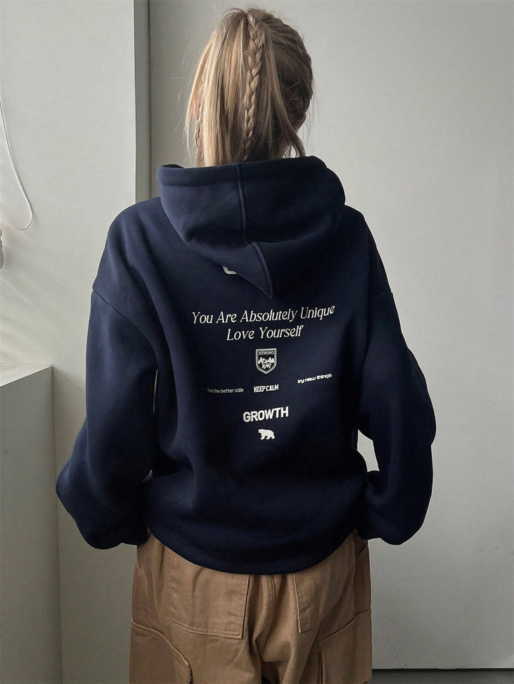 Damen Kapuzenpullover mit motivierendem Schriftzug und bequemer Passform Drune