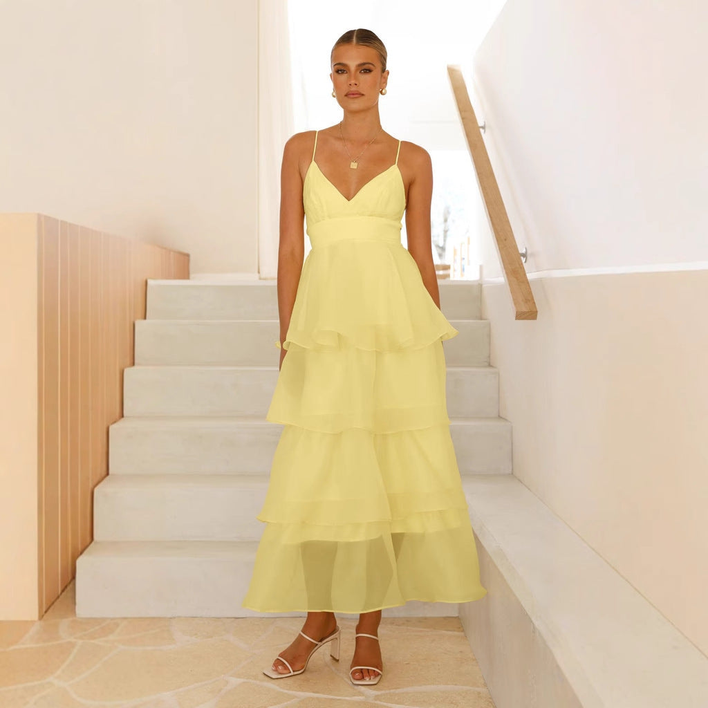 Damen luftiges Maxikleid mit Schichten und Spaghettiträgern Drune