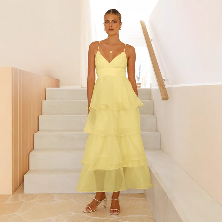 Damen luftiges Maxikleid mit Schichten und Spaghettiträgern Drune
