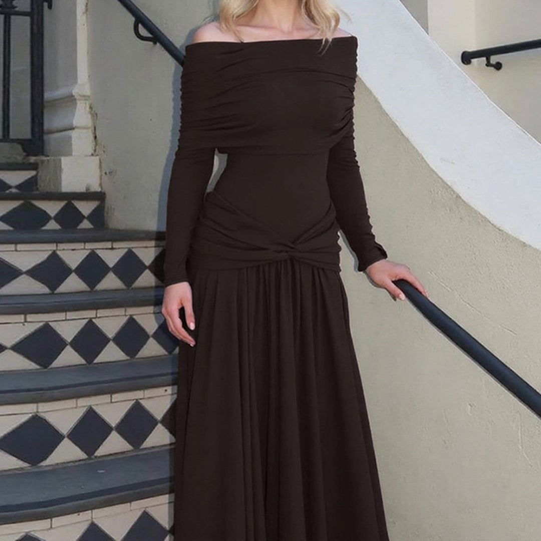 Damen Elegantes Langkleid mit gekreuztem Tailleneinsatz und schulterfreiem Ausschnitt Drune