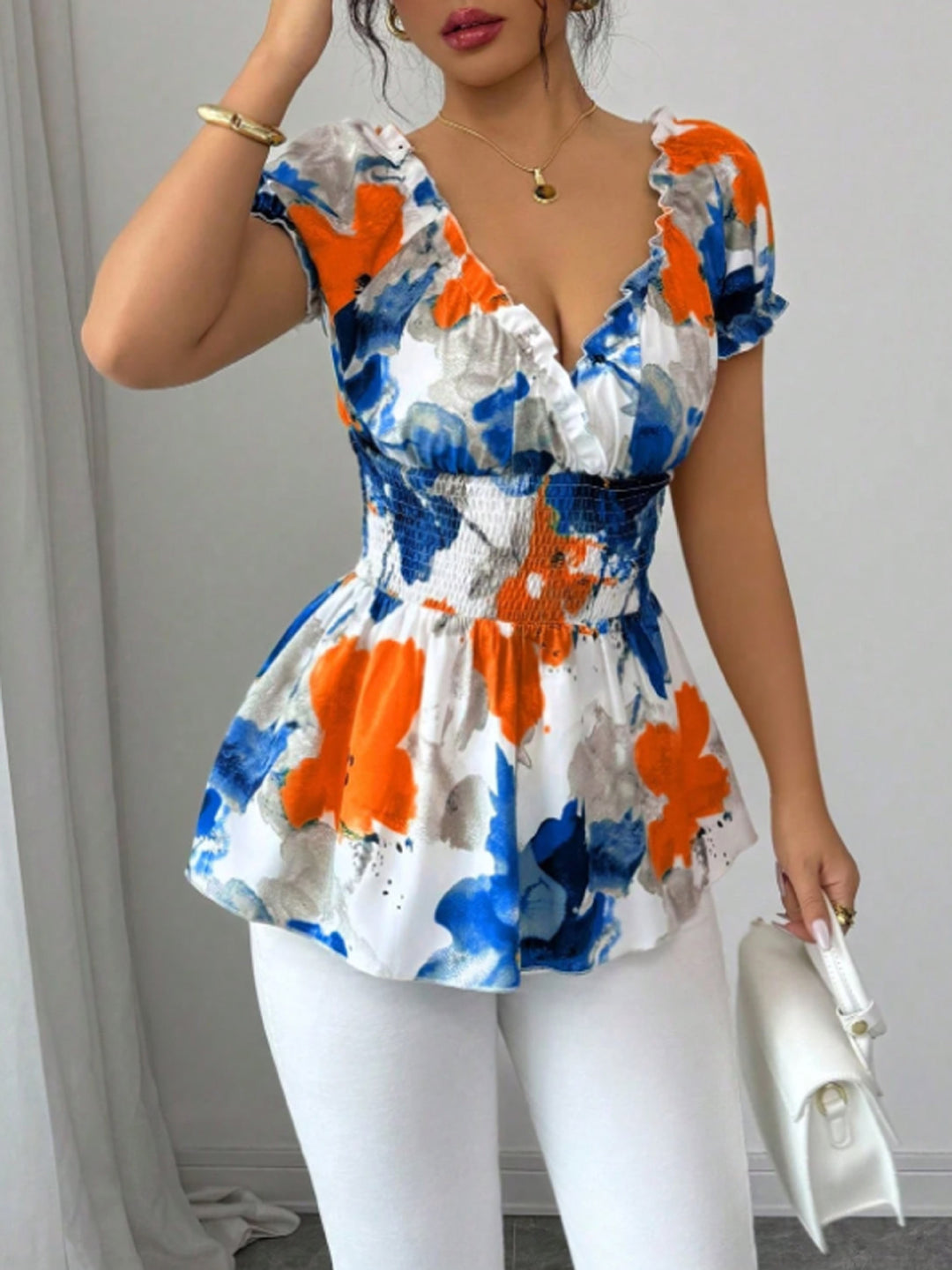 Damen Bluse mit floralen Rüschen und elastischem Taillenbund Drune