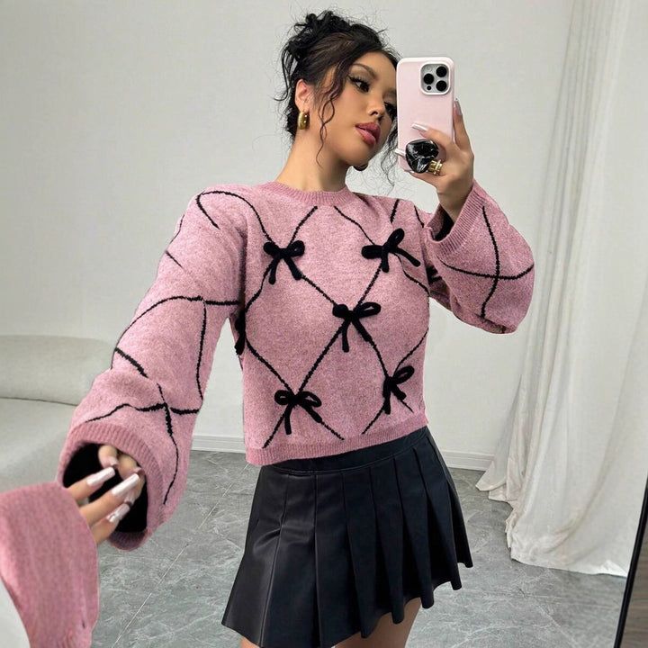 Damen Pullover mit dekorativem Schleifenmuster und weit geschnittenen Ärmeln Drune