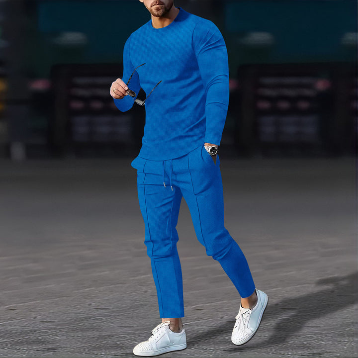 Herren nan modernes Lounge-Set aus feinem Stretchjersey mit Rundhals-Longsleeve und tapered Cargo-Jogger Drune