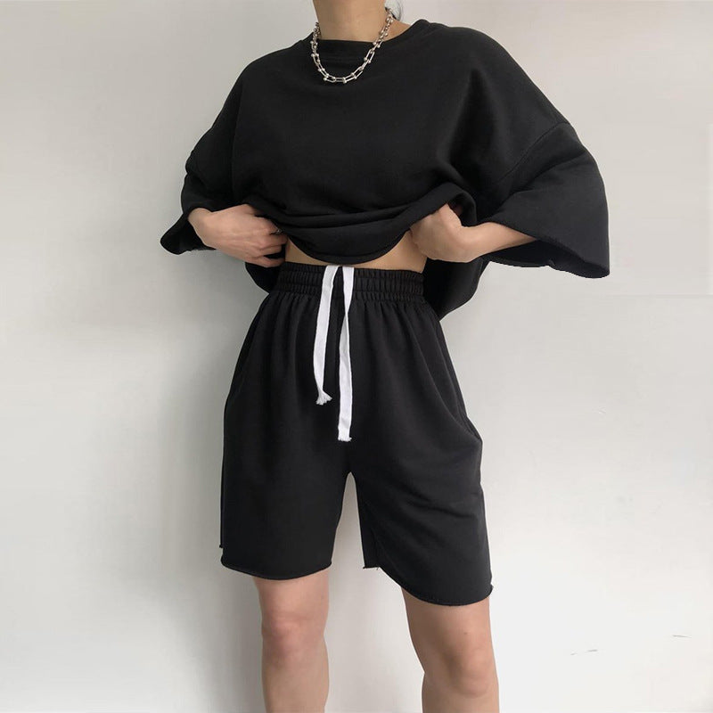 Damen Lässiges Oversized Freizeitset mit kurzärmligem Oberteil und weiten Shorts Drune