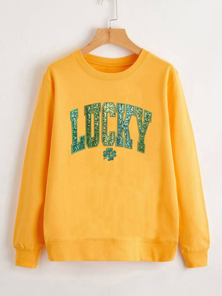 Damen lässiger Sweatshirt mit glitzerndem Schriftzug und Kleeblattmotiv Drune