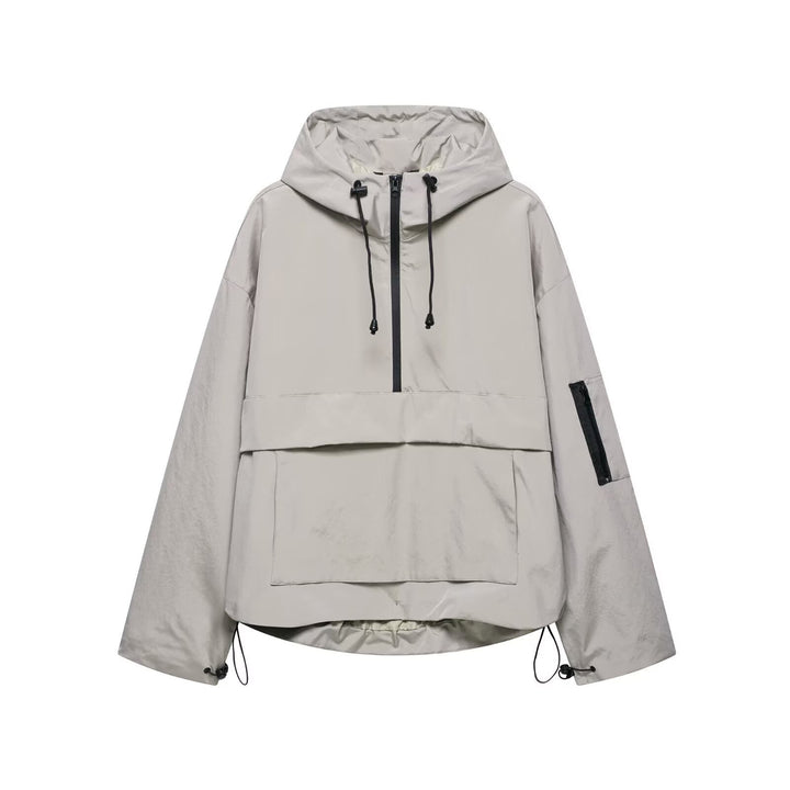 Unisex nan technischer Windbreaker Anorak mit halbhohem Reißverschluss Kapuze und Kängurutasche Drune