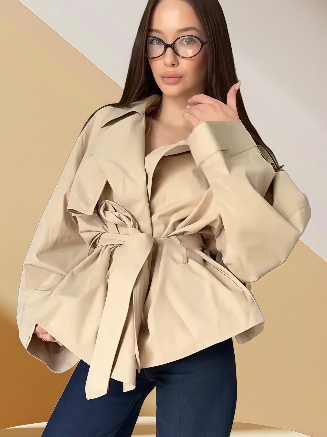 Damen Modische Oversized-Trenchjacke mit taillierbarem Gürtel und weiten Ärmeln Drune
