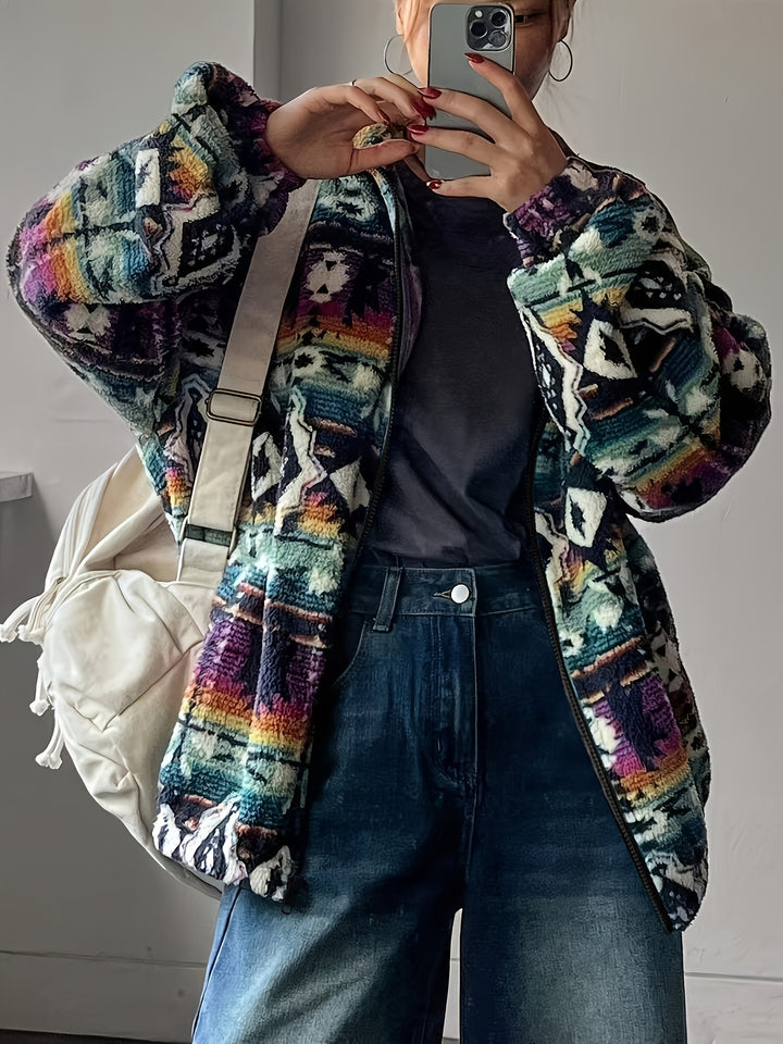 Damen Fleecejacke mit buntem Ethno-Muster und weichem Innenfutter Drune