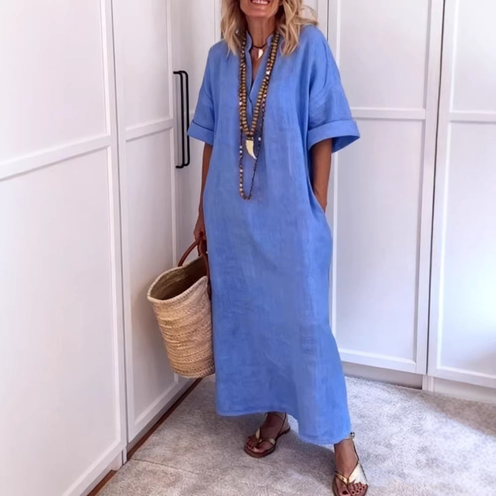 Damen Leinen Maxikleid mit V-Ausschnitt und praktischen Taschen Drune