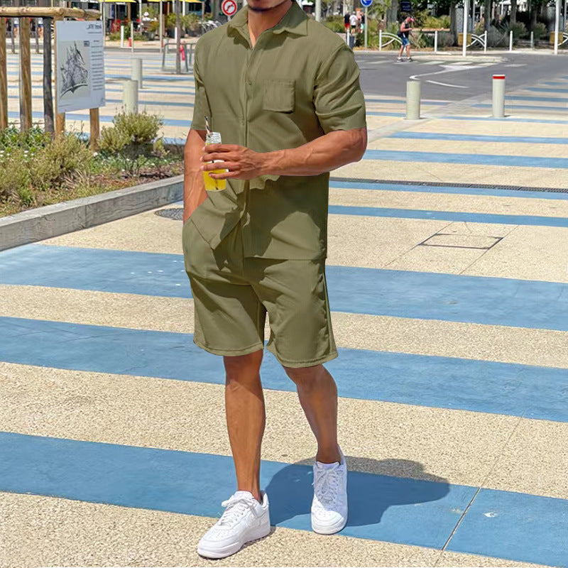 Herren nan legeres Resort-Zweiteiler mit offenem Kurzarm-Hemd, Brusttasche und elastischer Bermuda Drune