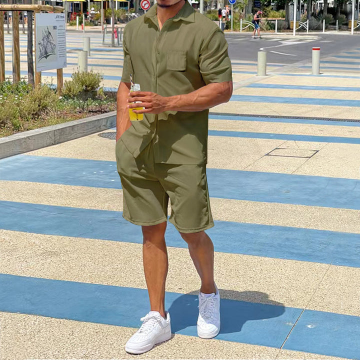 Herren nan legeres Resort-Zweiteiler mit offenem Kurzarm-Hemd, Brusttasche und elastischer Bermuda Drune